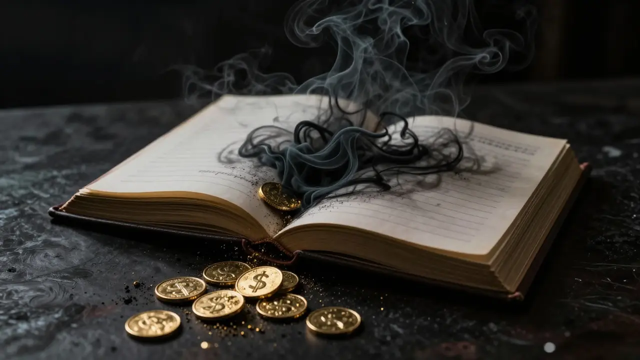Book page dissolving into smoke with falling coins