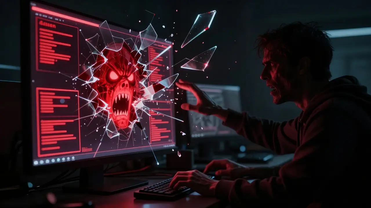 Crimson warning lights and jagged glass shards reaching toward a shadowy agent.