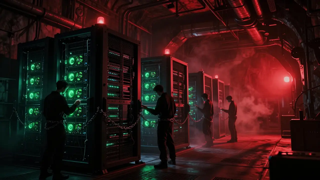 Engineers working in a dark server room with glowing red lights and machinery.