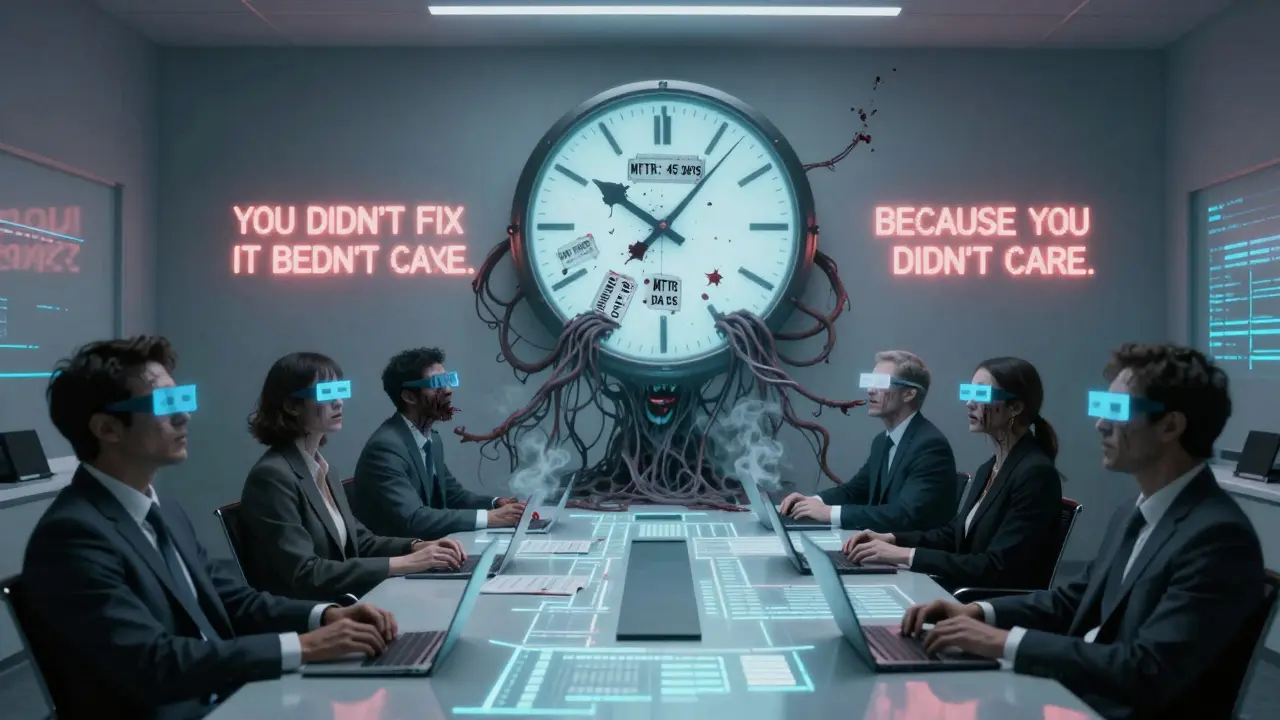 Executives being pulled into a monstrous clock of unresolved violations, glowing with error codes.