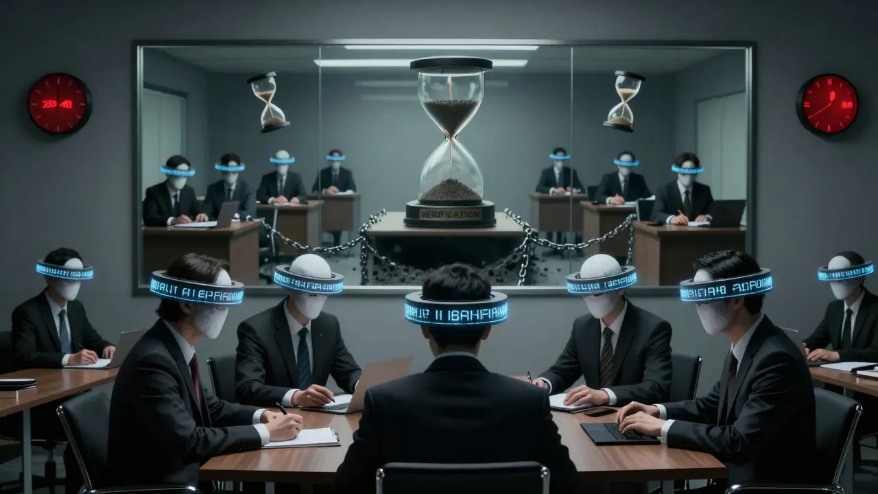 Faceless workers sit with AI text wheels for heads, while a mirror shows their haunted, overworked doubles in a void of draining time.