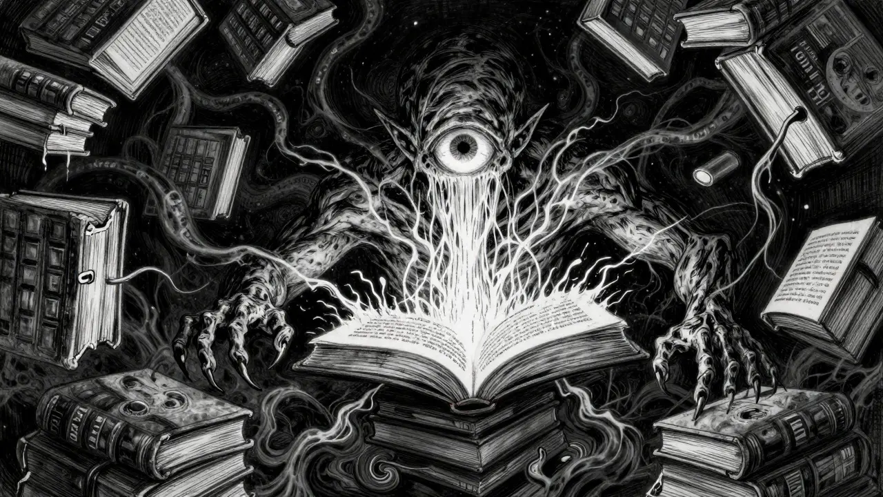 Giant shadowy entity made of books consuming data streams in the void.