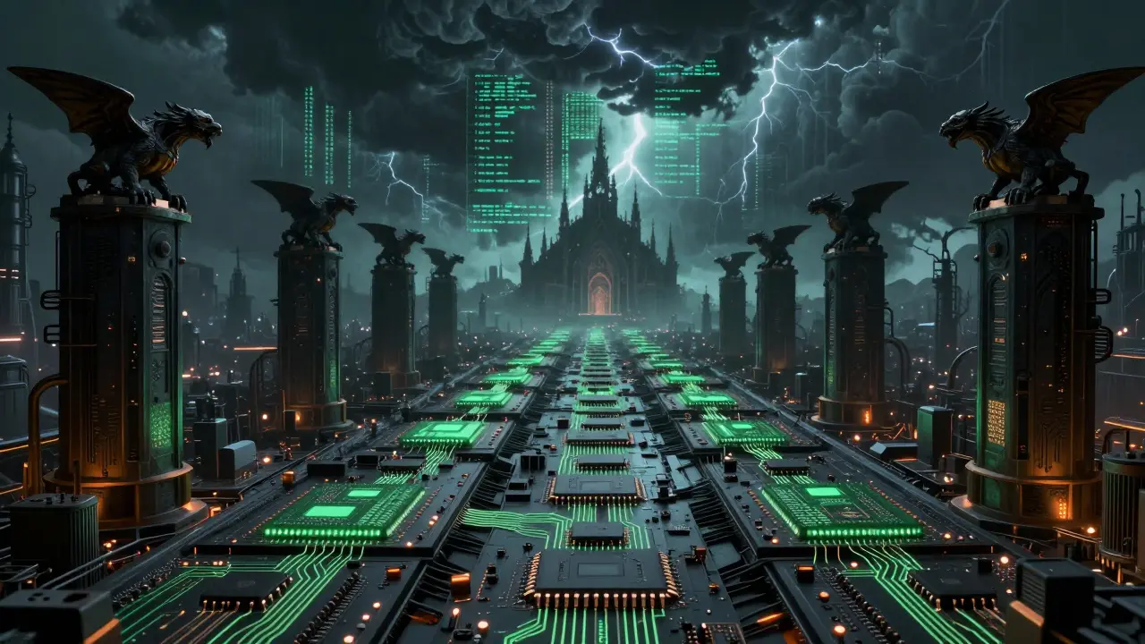 Gothic silicon cathedral with glowing circuits under a dark stormy sky.