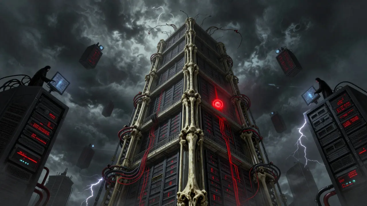 Haunted skyscraper of server racks with ghosts monitoring each floor level