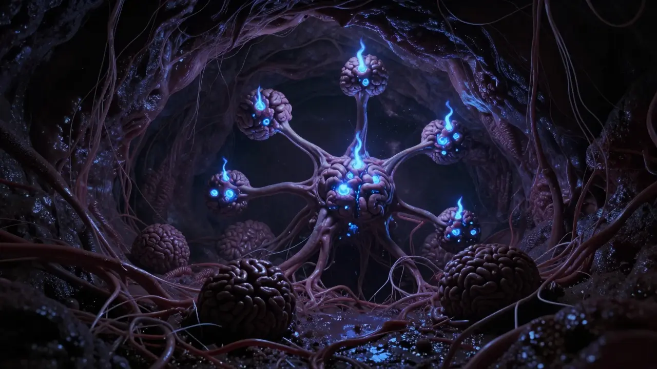 Organic neural network nodes igniting inside a dark cavernous structure.