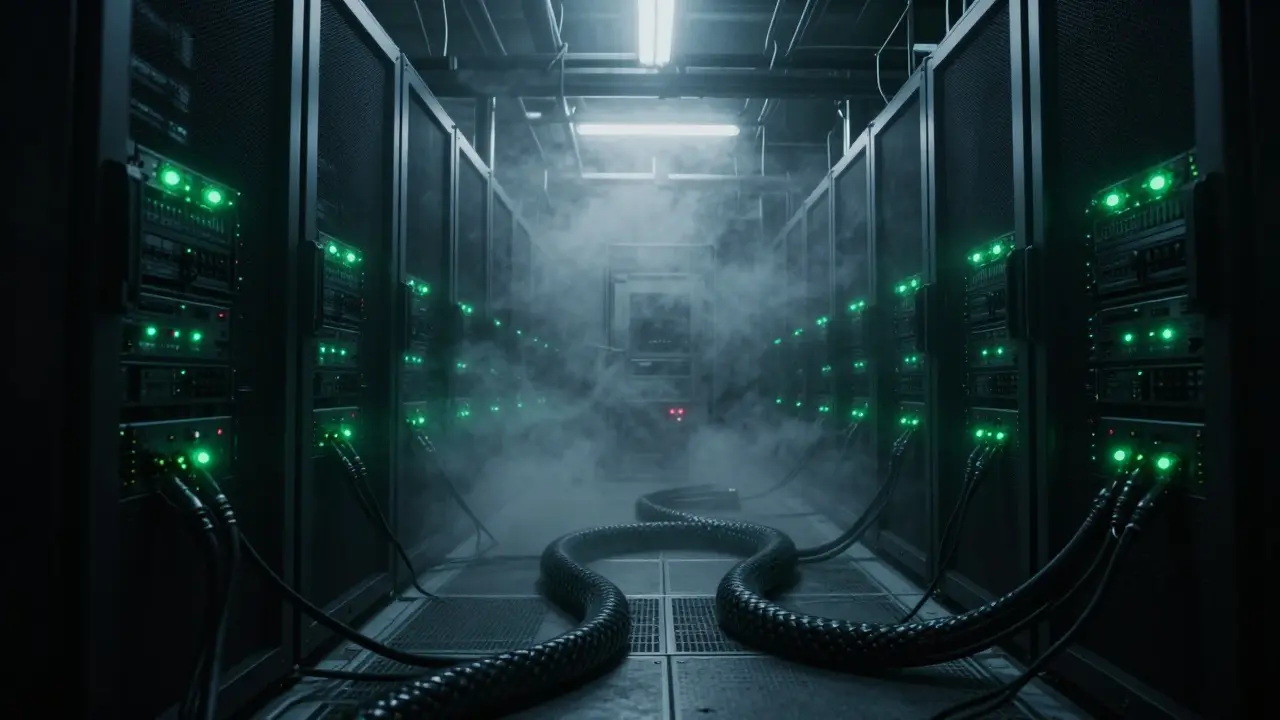 Server racks with steam and blinking lights in dark hall