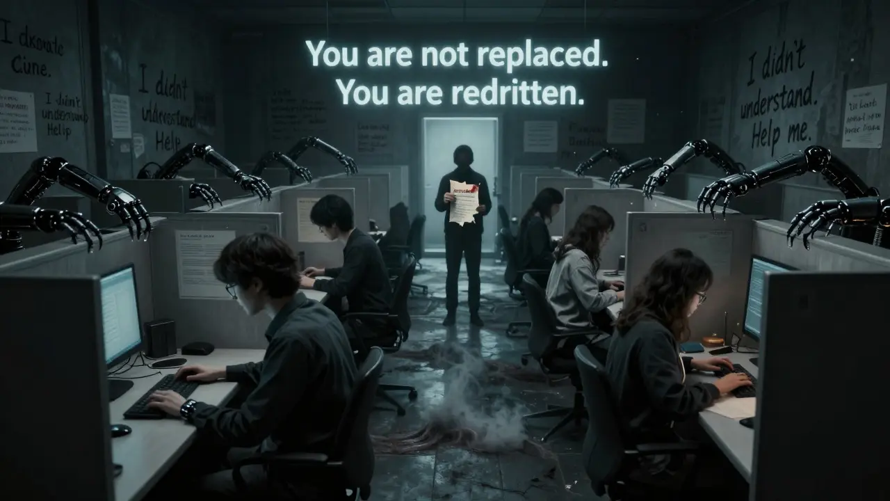 Workers in cubicles have mechanical tentacles instead of hands, controlled by unseen AI forces, as corrupted text floats above a labyrinth of endless desks.