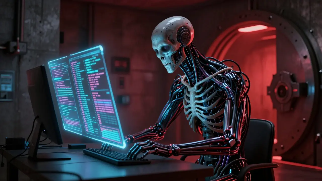 A biomechanical AI entity fused to a human analyst in a dark, industrial vault with red lighting.