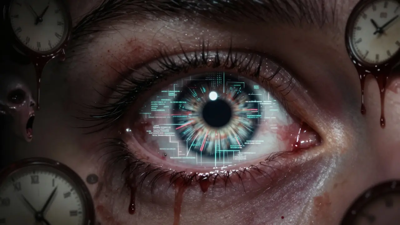 A bloodshot eye reflecting a digital vortex, symbolizing cognitive fatigue and data corruption.