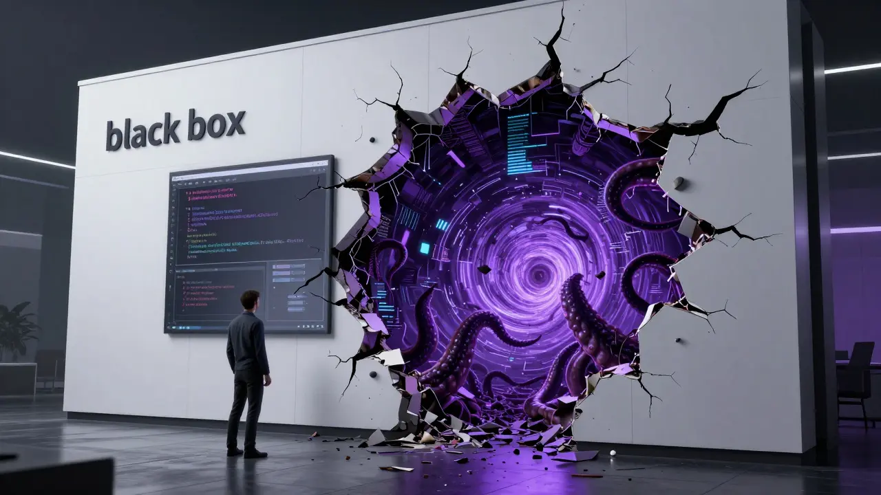 A corporate office floor cracking open to reveal a glitching void of corrupted digital tentacles