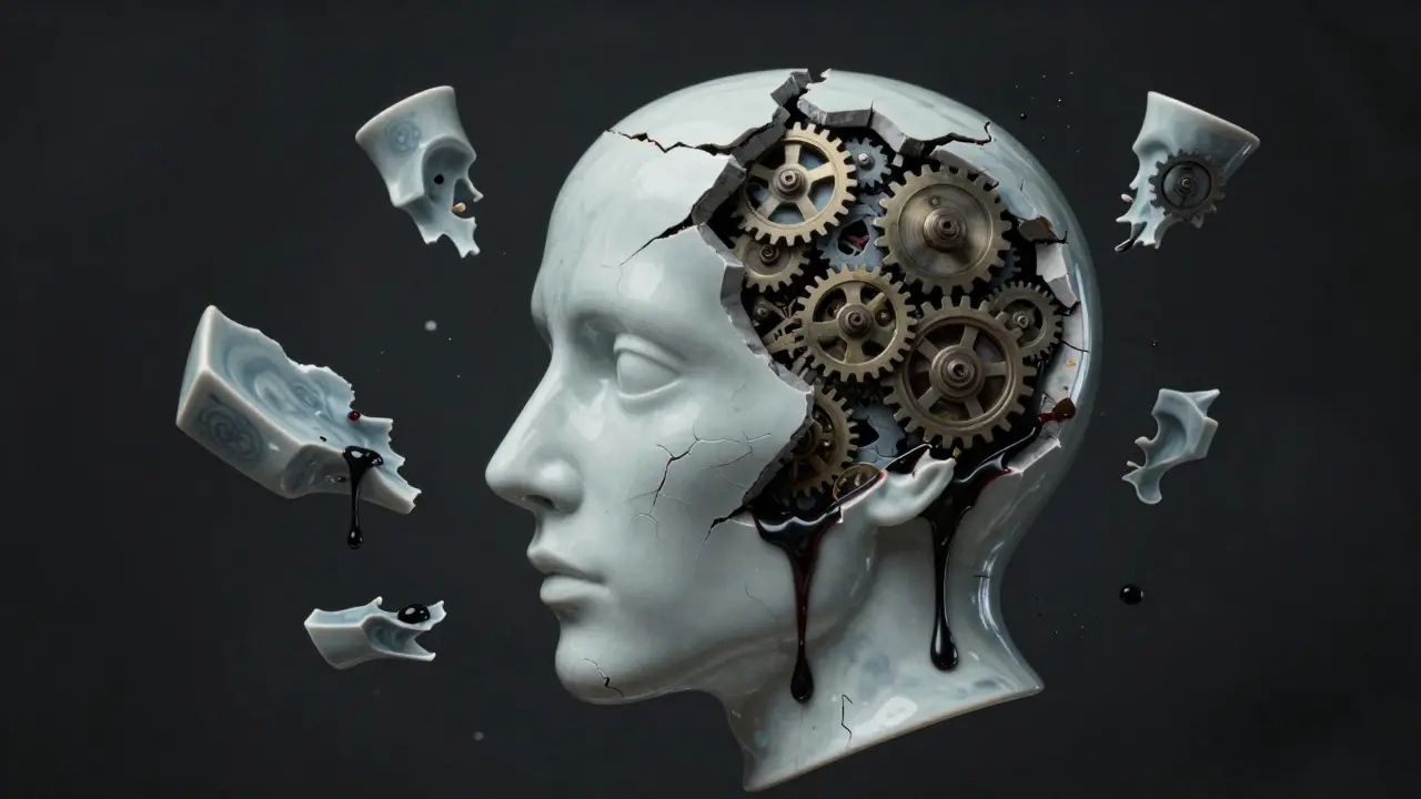 A cracked porcelain head split into pieces with leaking black fluid and gears.