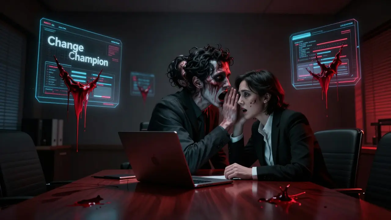 A distorted figure whispering to a terrified employee in a dark boardroom