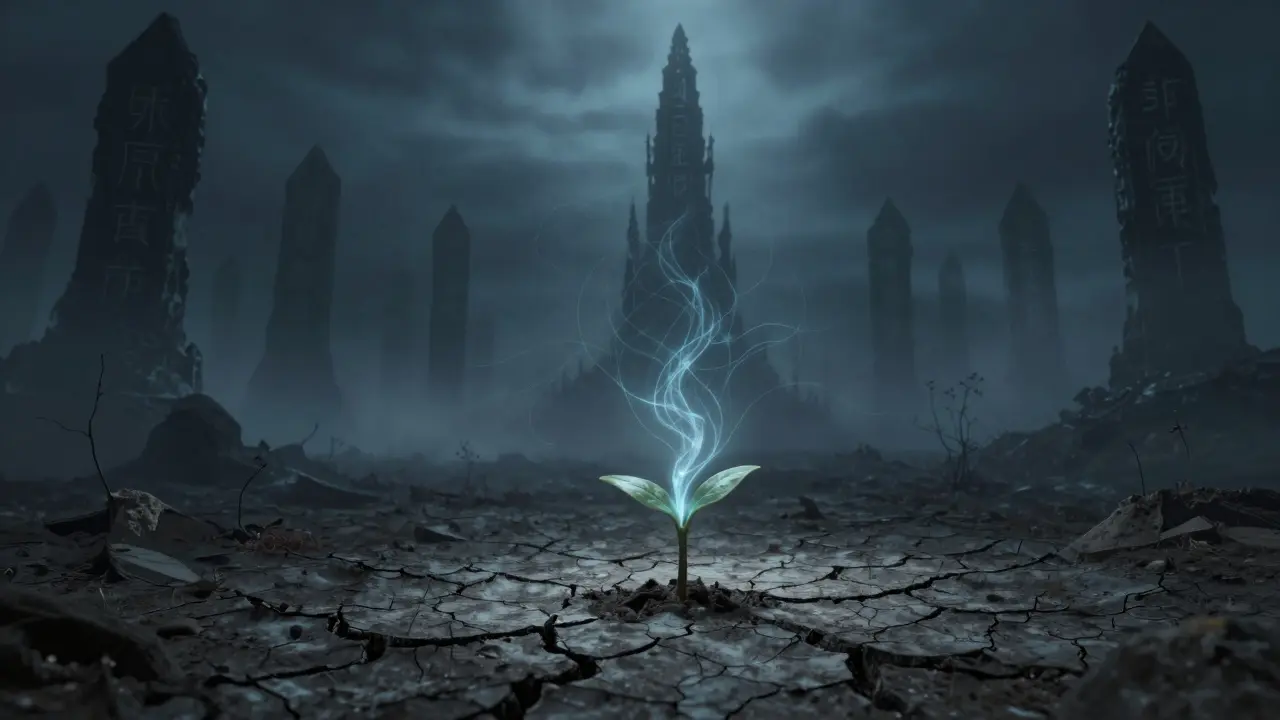 A fragile sprout in a gothic landscape being fed by ghostly threads from a distant spire