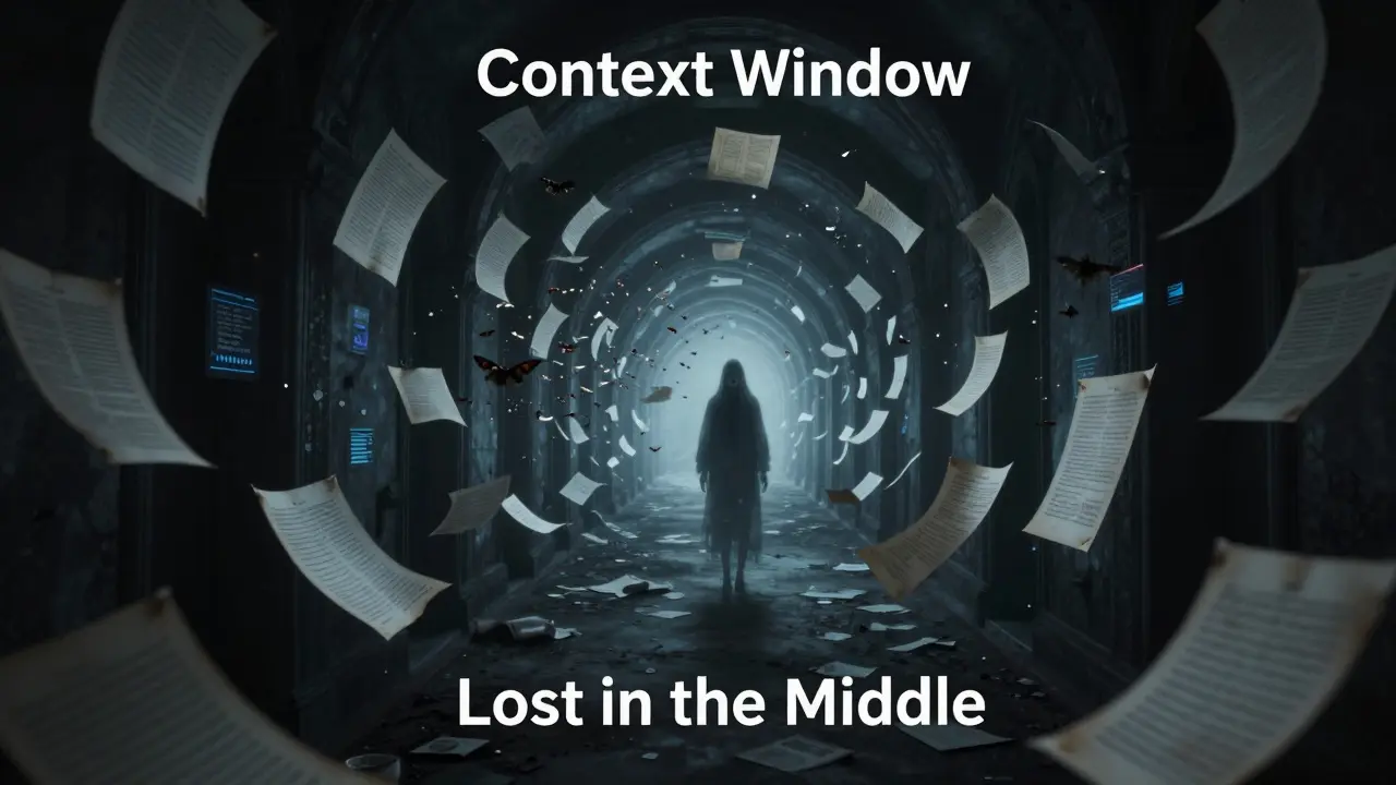 A ghostly figure in a dark corridor of floating, disintegrating papers.
