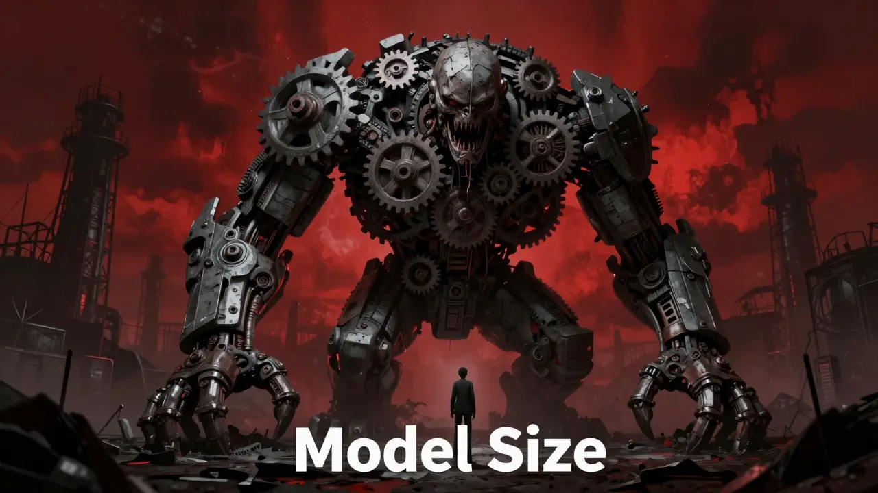 A giant, distorted monster looming over a small person in a gothic wasteland.