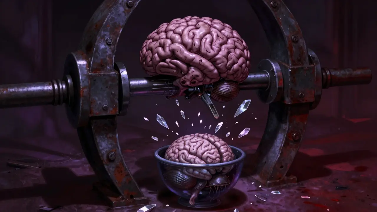 A giant mechanical brain being crushed by rusted vices to create a smaller organ.