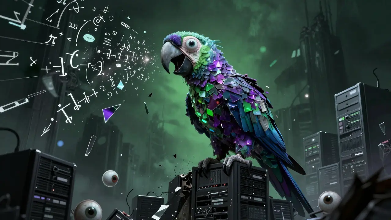 A glitchy, monstrous digital parrot amidst server racks emitting mathematical shards.