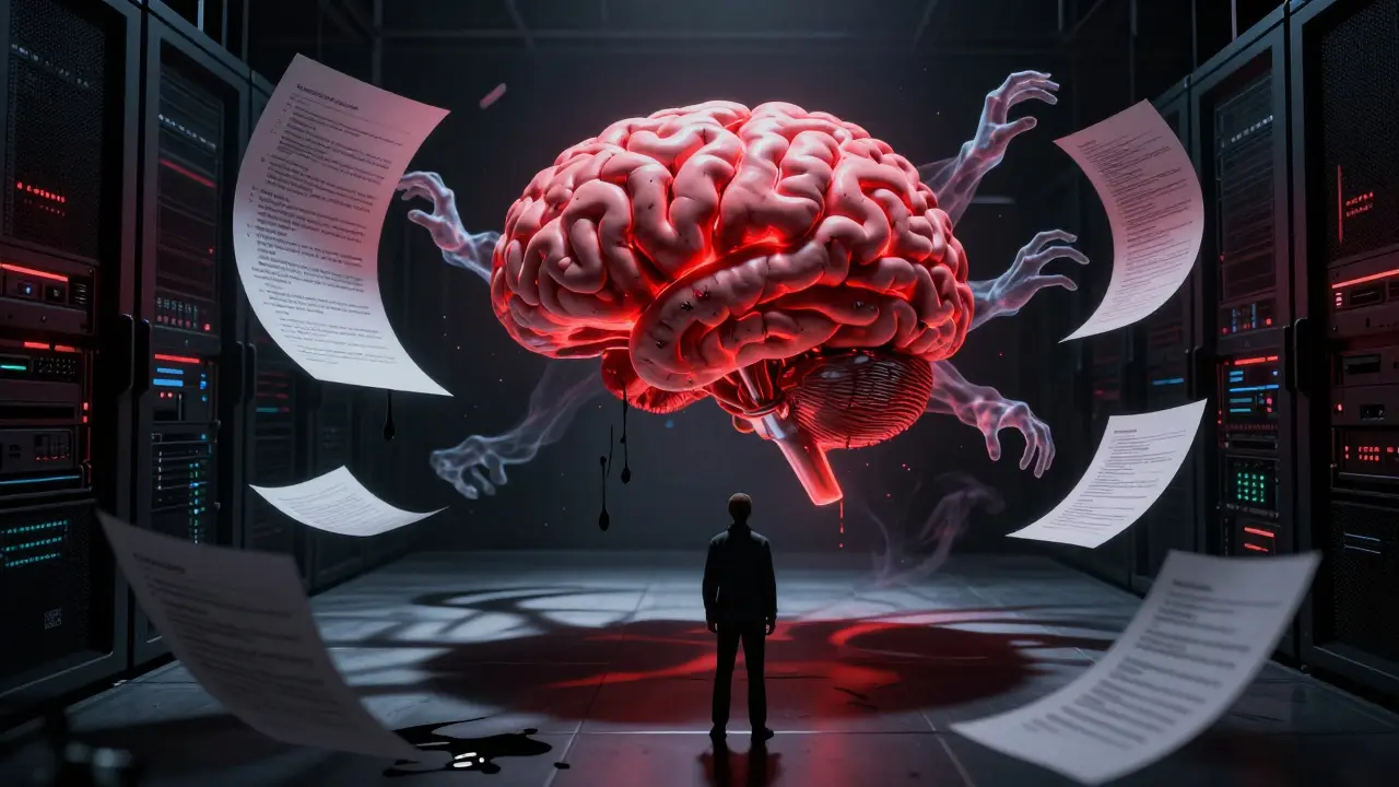 A glowing, ominous AI brain in a dark server room manifesting corrupted documents.