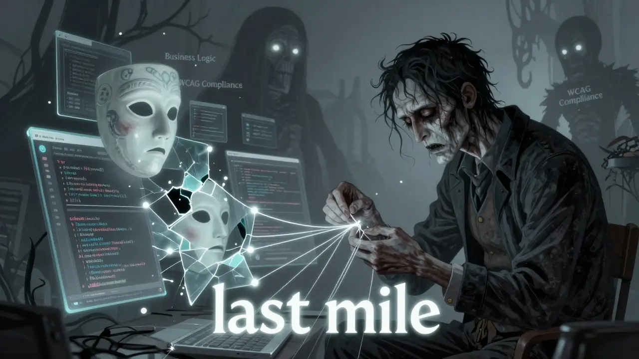 A gothic architect stitching together a fragmented, ghostly digital interface.