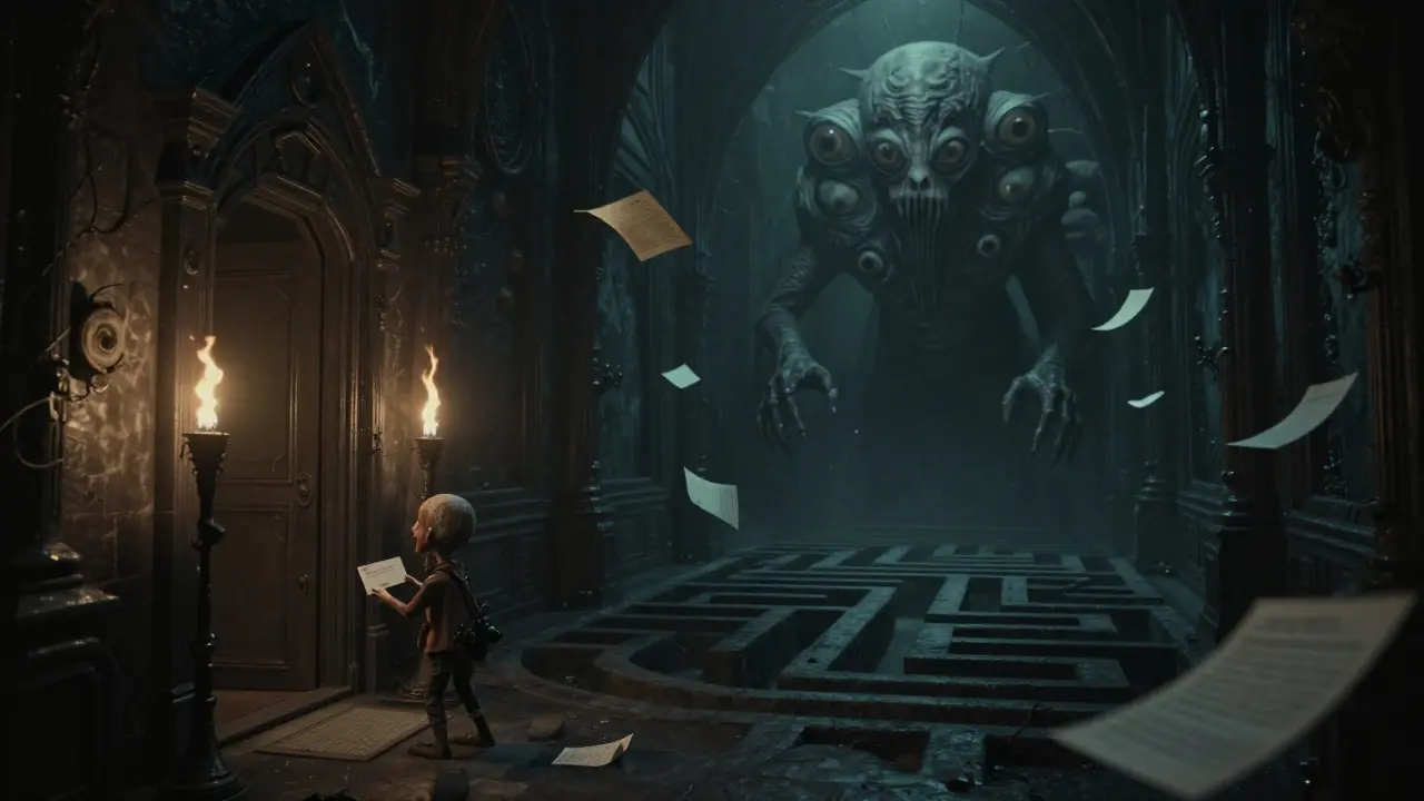 A gothic labyrinth featuring a small imp and a colossal multi-eyed deity in the shadows.