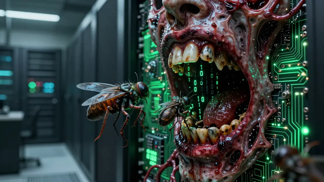 A grotesque digital mouth leaking code-parasites into a server room.