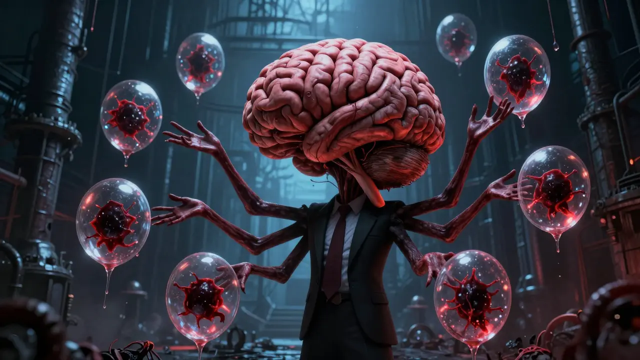 A grotesque entity dividing a pulsing brain into small, glowing pods.