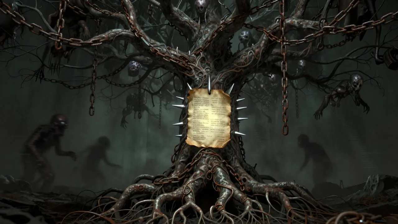 A grotesque organic tree of dependencies held in place by a spiked lockfile parchment.