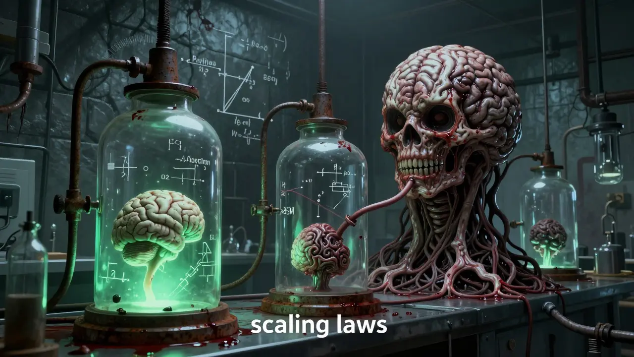 A laboratory with a small pulsing core connected by cables to a massive biological monster