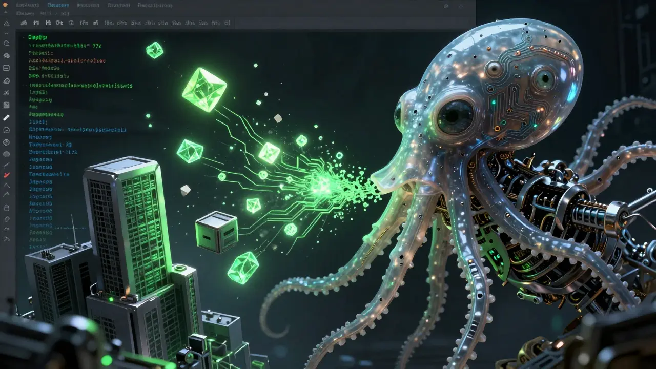 A monstrous AI entity transforming digital design shards into metallic code structures.