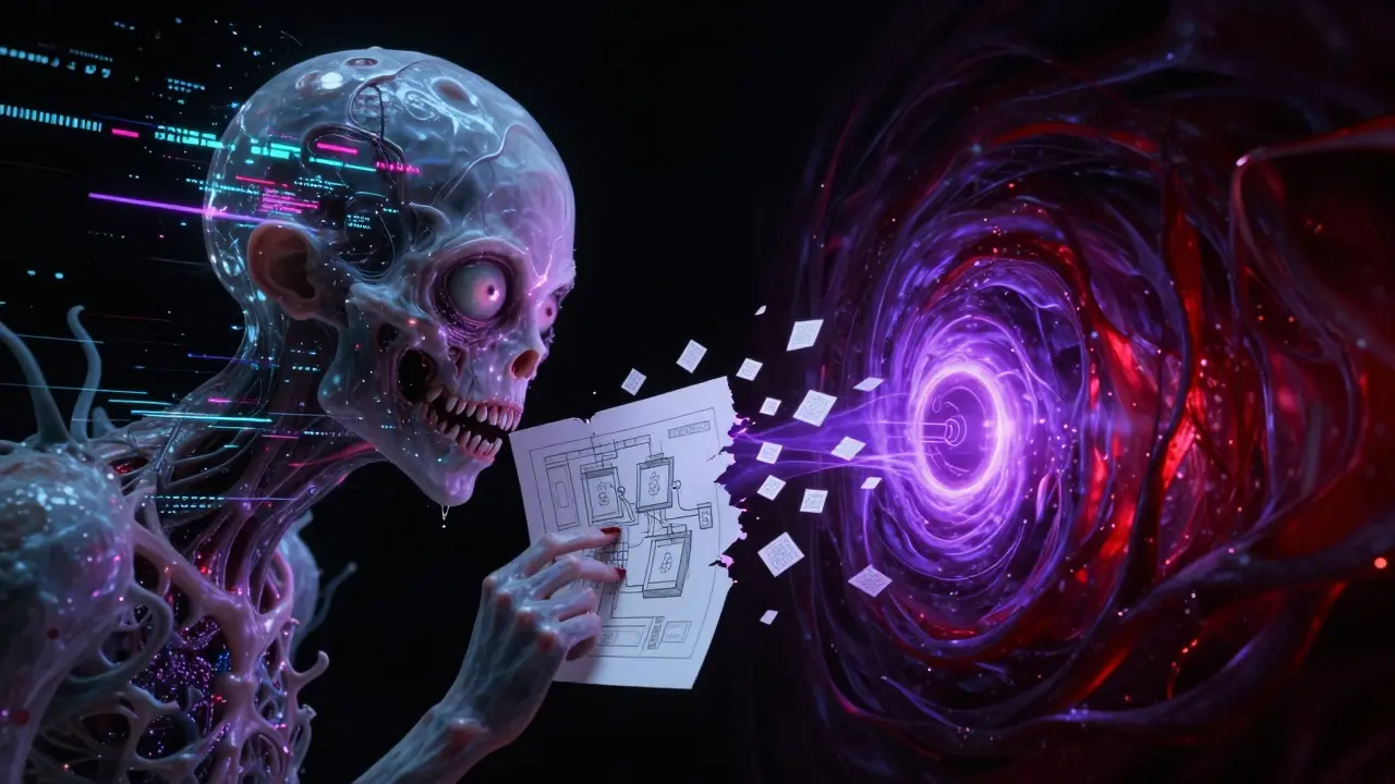 A monstrous digital entity breaking a technical diagram into glowing fragments in a dark void.
