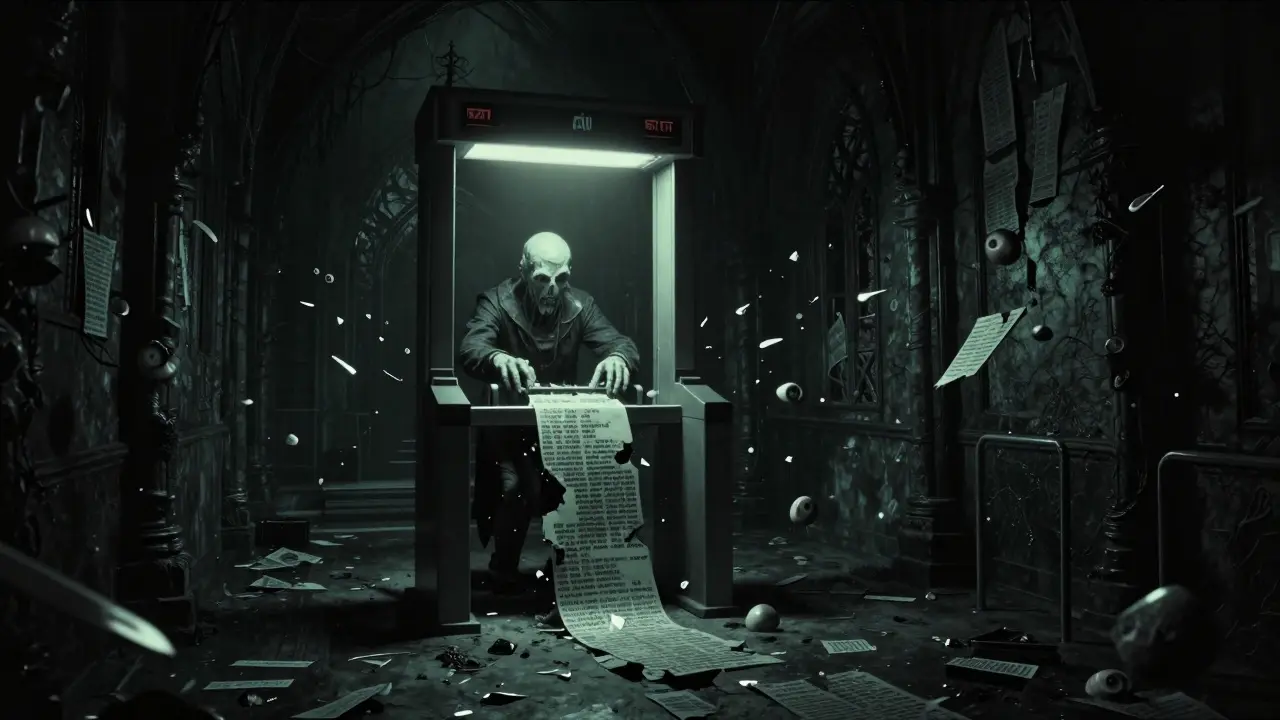 A monstrous entity filtering corrupted text in a gothic corridor