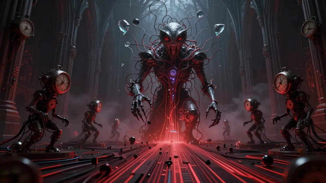 A multi-eyed eldritch AI entity controlling a swarm of clockwork agents in a dark cathedral.