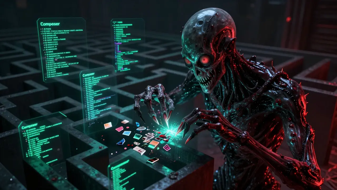 A multi-eyed monster entity surgically assembling glowing code fragments in a dark void