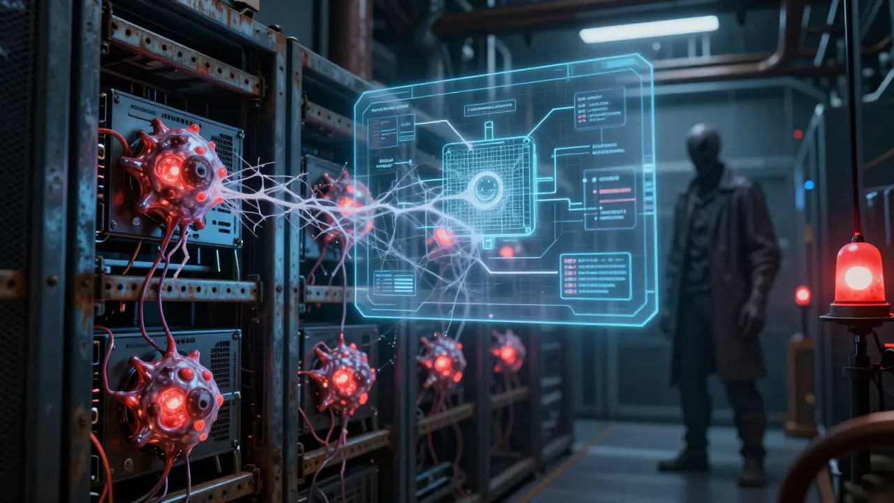 A nightmarish server room where cloud infrastructure looks like organic, pulsating cysts.