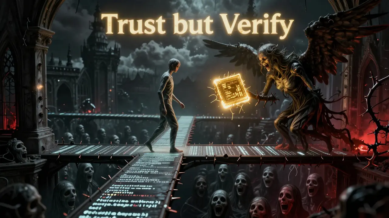 A person crossing a bridge of code while a deceptive AI entity offers a trap.