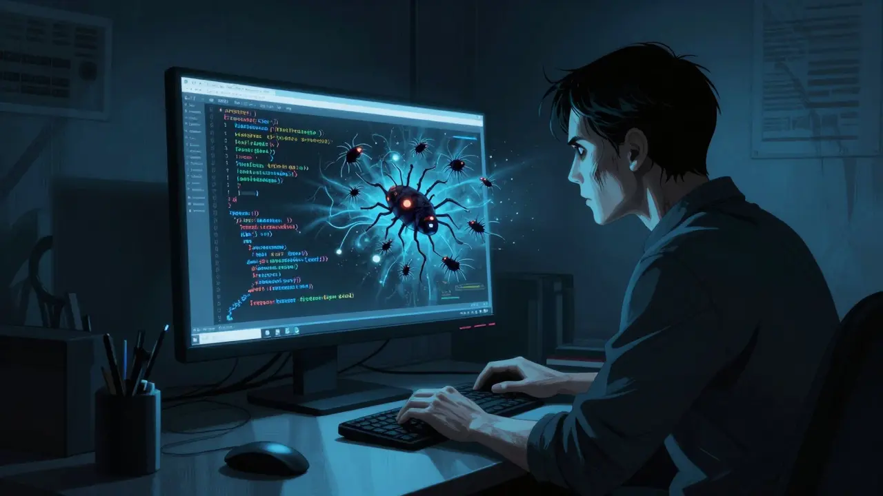 A programmer staring in horror as code turns into digital parasites on a screen