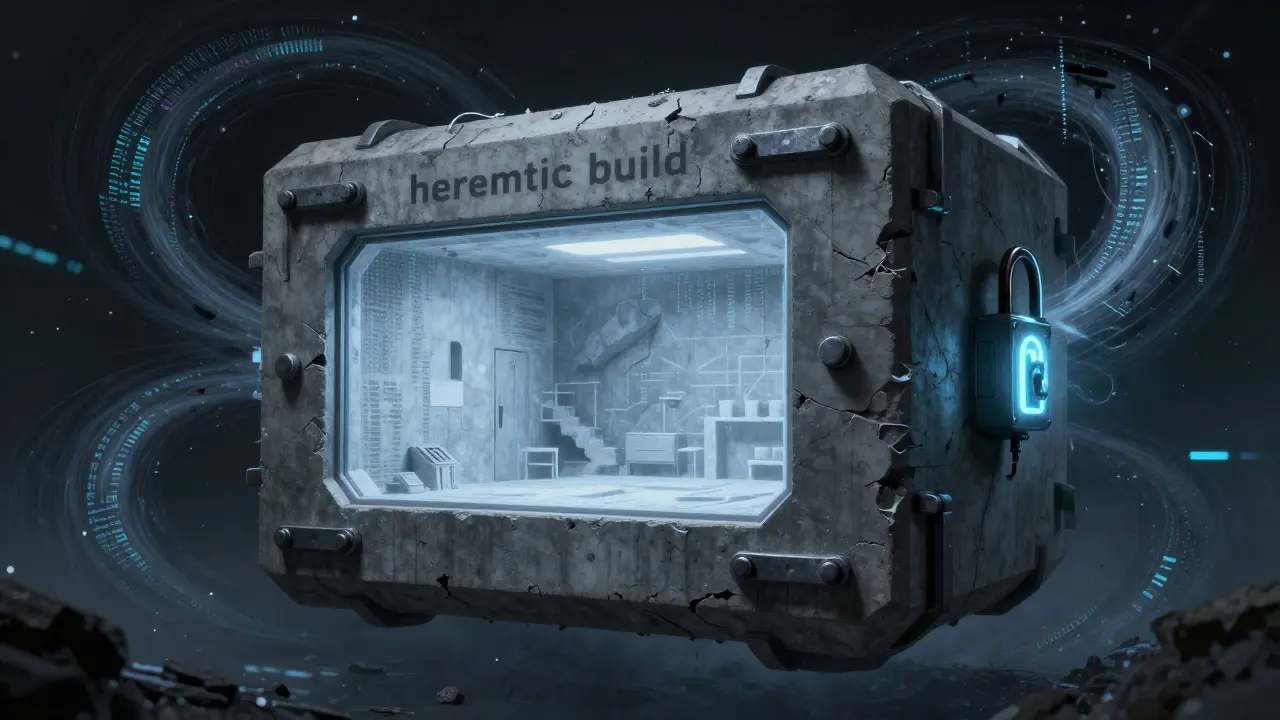 A sealed concrete bunker floating in a void, protected by glowing cryptographic locks.