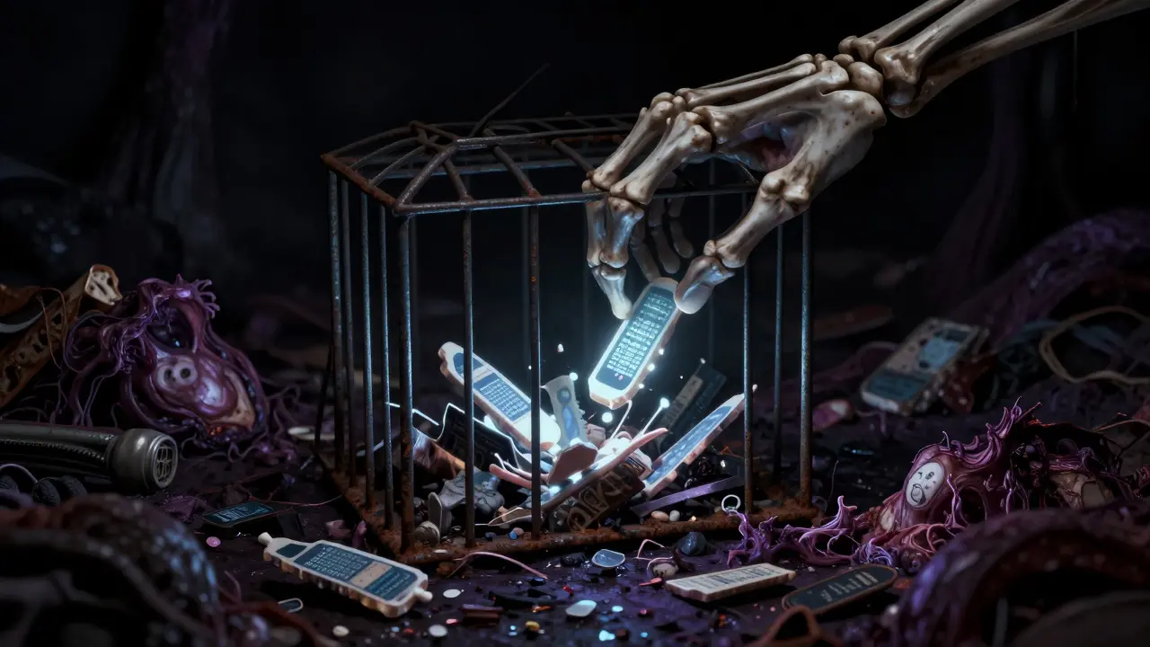 A skeletal hand placing glowing data shards into a rusted metal cage.