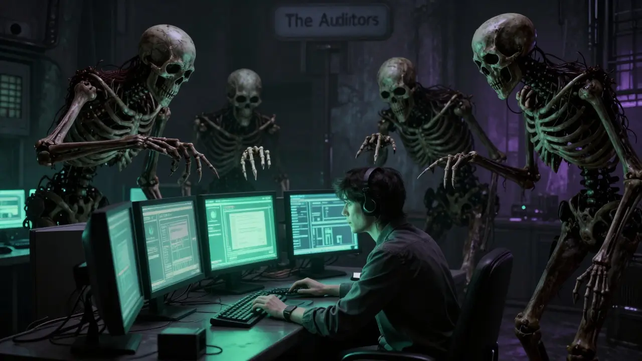A stressed reviewer at a terminal with looming skeletal auditor figures in a dark room.