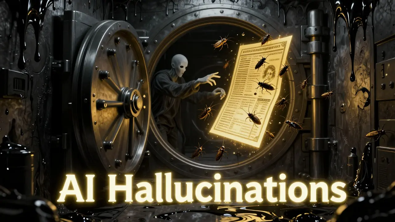 A surreal scene of a melting bank vault with a ghostly AI creating a shimmering, unstable illusion.