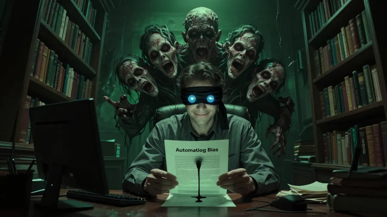 Blindfolded reviewer with synthetic eyes approving a corrupted document under a looming monster.