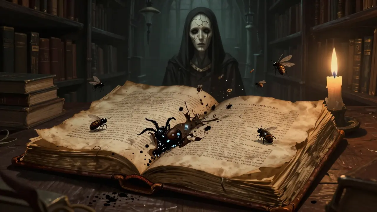 Digital insects emerging from a scientific book in a dim, gothic archive.