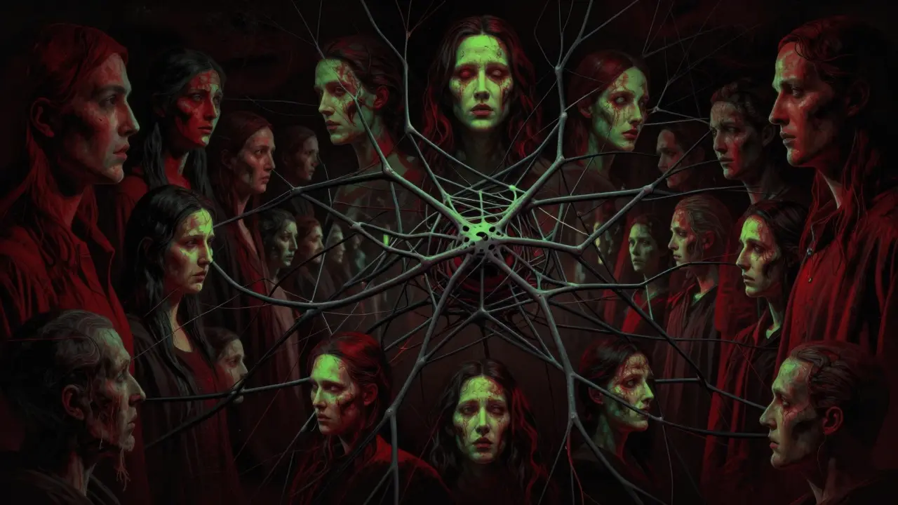 Distorted faces trapped in a dark, vein-like neural network representing AI bias.