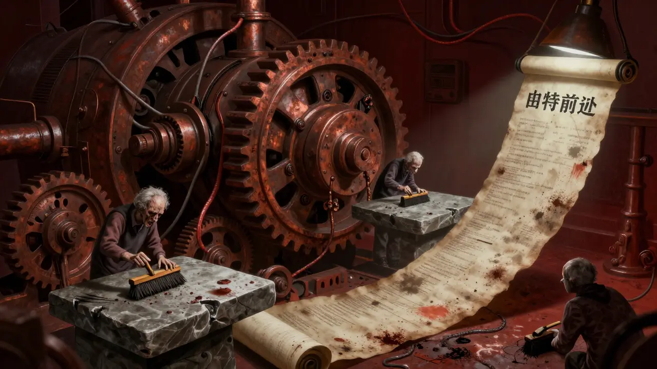 Exhausted humans working inside a massive, fleshy industrial machine with ink-stained scrolls.