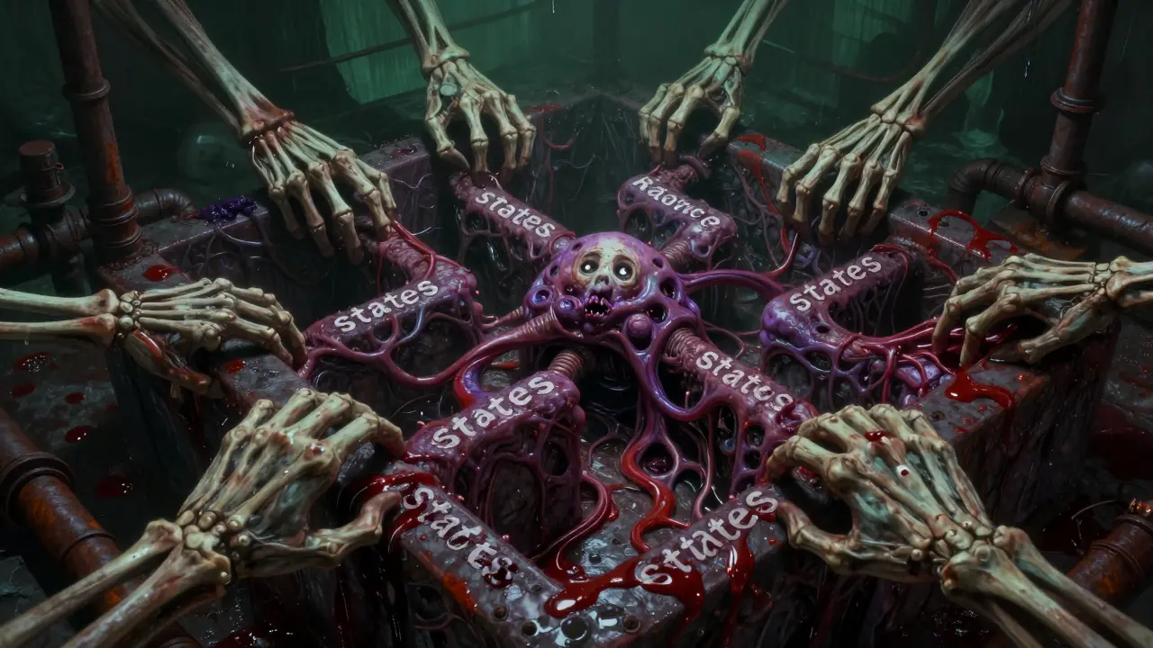 Fleshy biological labyrinth with skeletal hands forcing a path