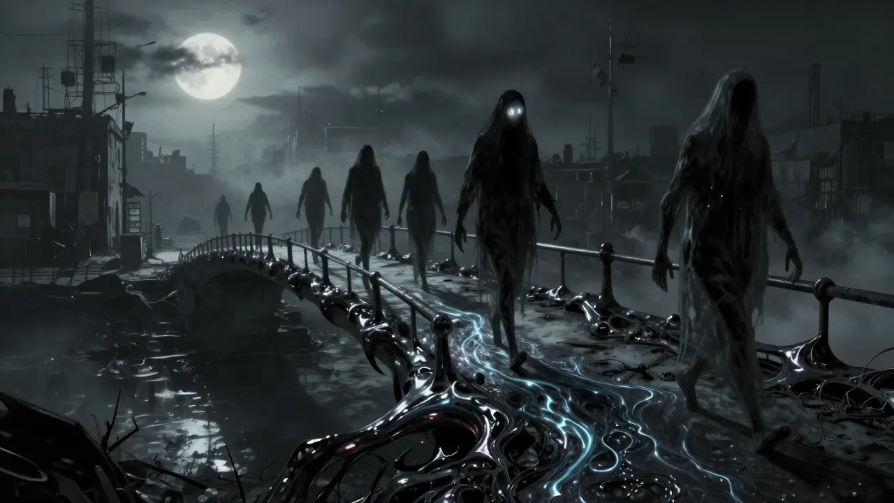 Ghostly figures crossing a shimmering obsidian bridge in a decayed, twilight city.