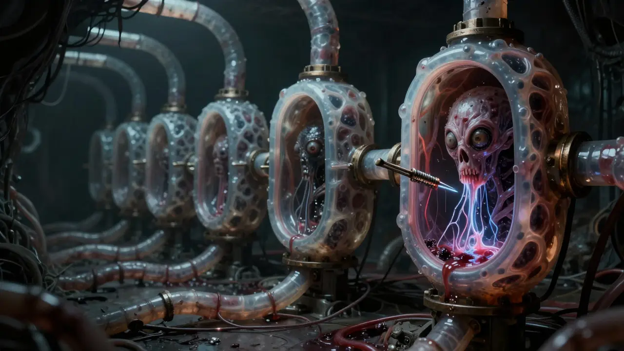 Grotesque organic machinery with veiny chambers and surgical needles.