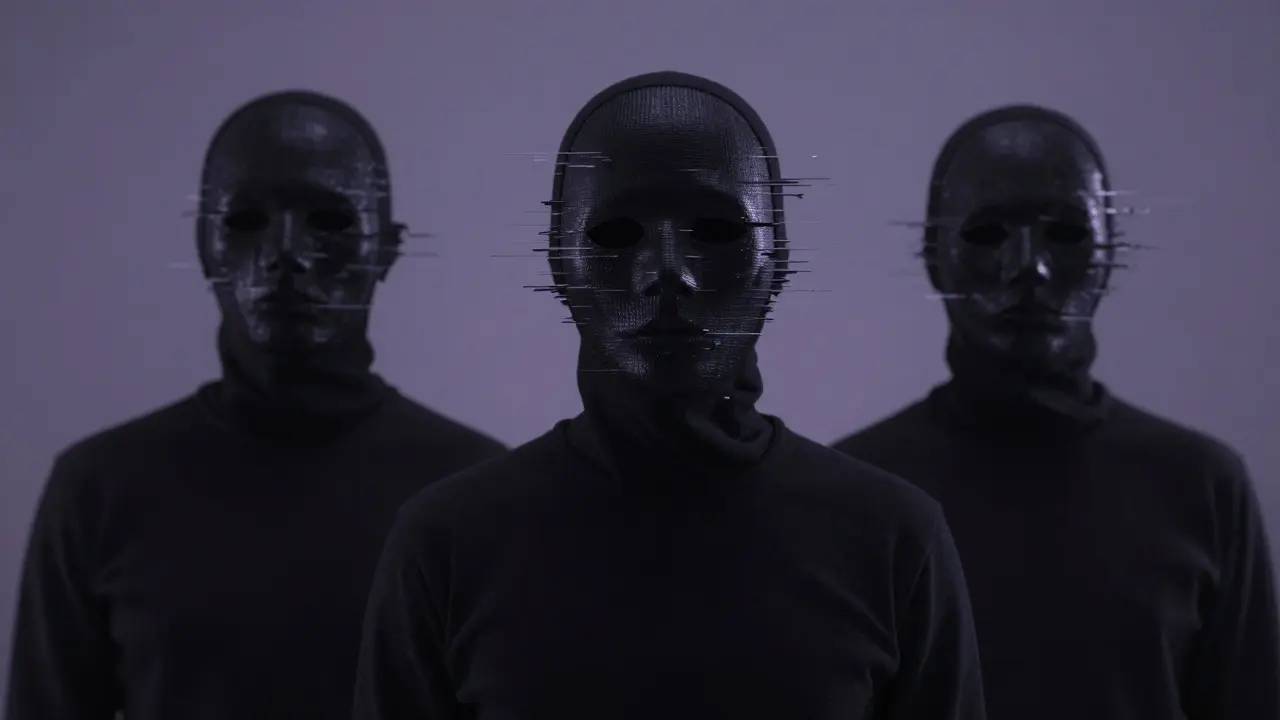 Human figures wearing glitching masks hiding identities