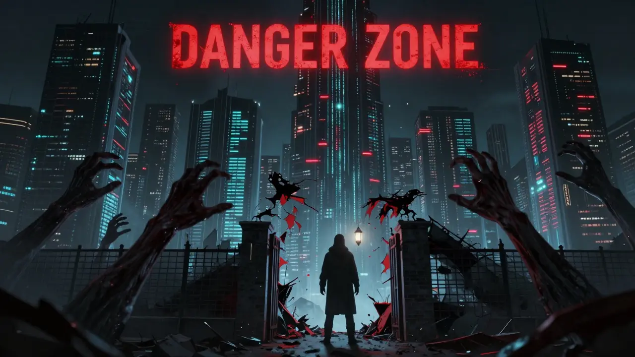 Monstrous hands emerging from cracks in a digital city codebase