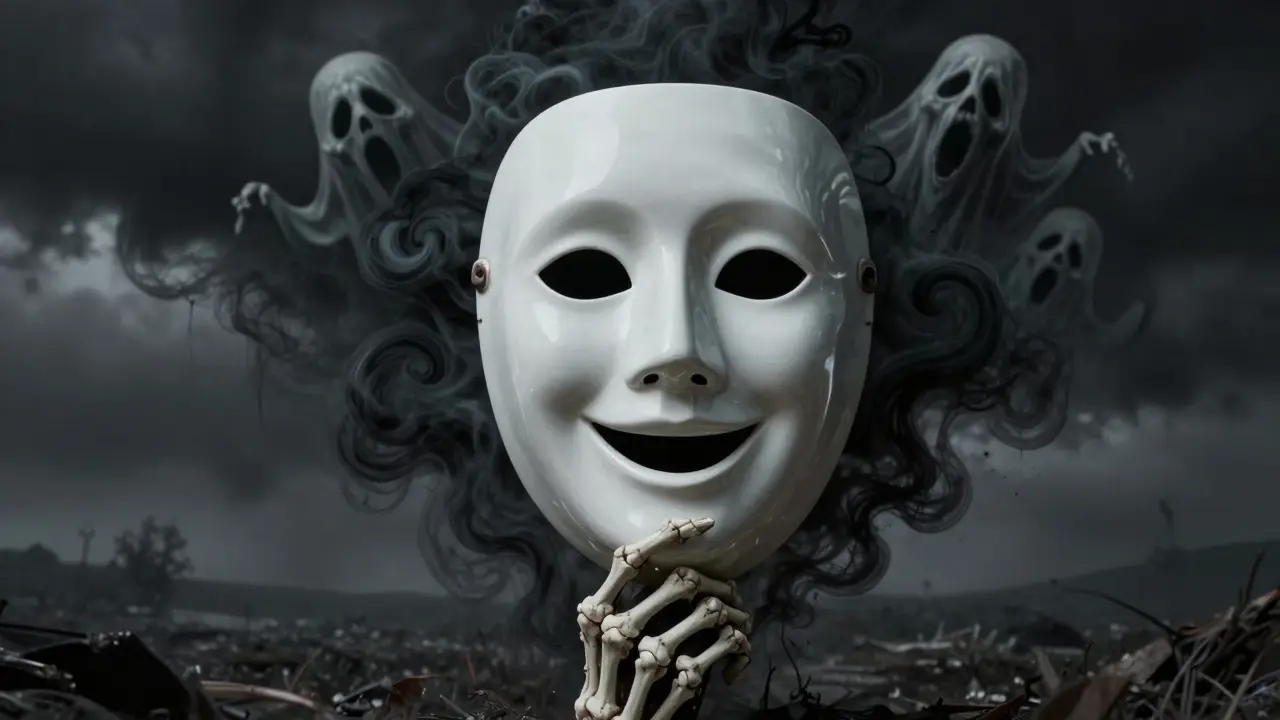 Perfect porcelain mask held by a skeletal hand revealing a void of smoke